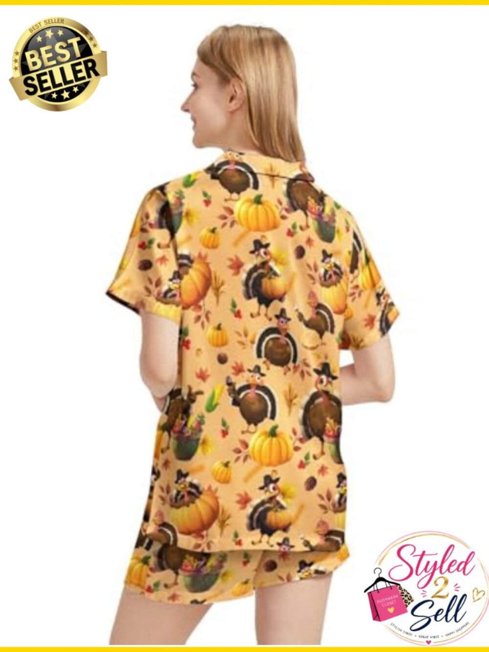 Women's Satin Pajama Set Thanksgiving Turkey Print Short Sleeve Button Down Top